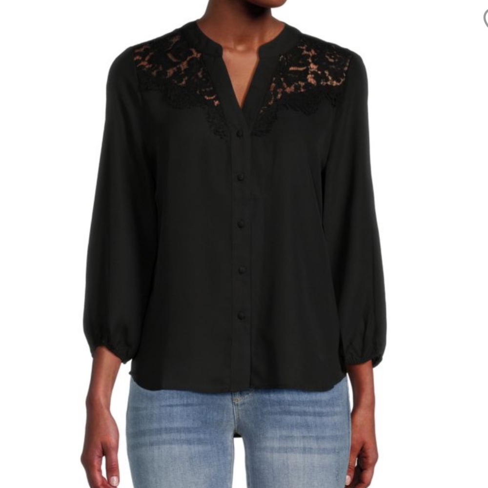 Ellen Tracy Black Lace Bell Sleeve Blouse